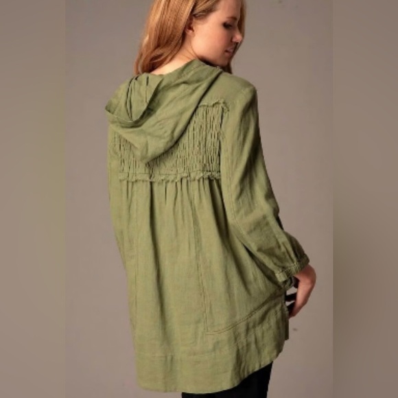 Free People Olive Army Green Hooded Jacket Button Down Shirt Top - Picture 1 of 6